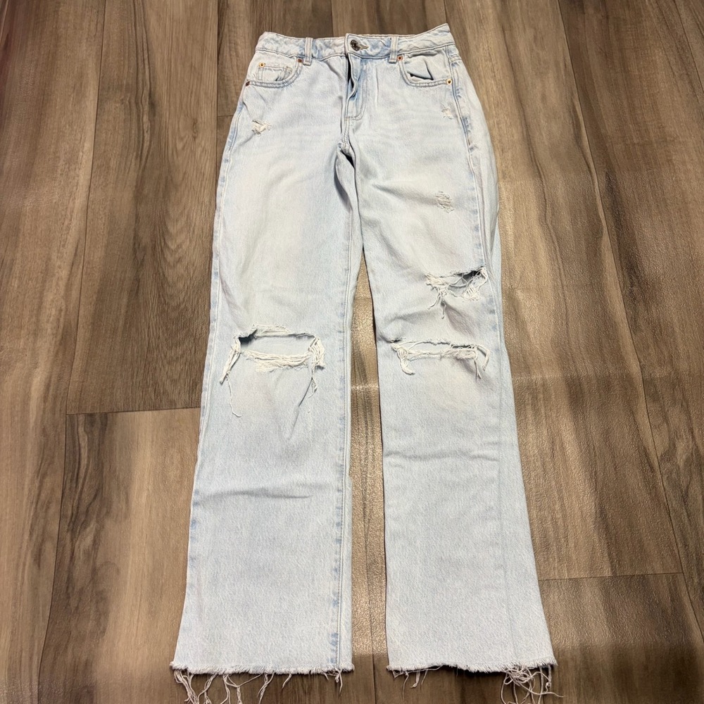 Garage Denim 90s Straight Wide Leg Distressed Light Wash Blue Jeans Womens 27